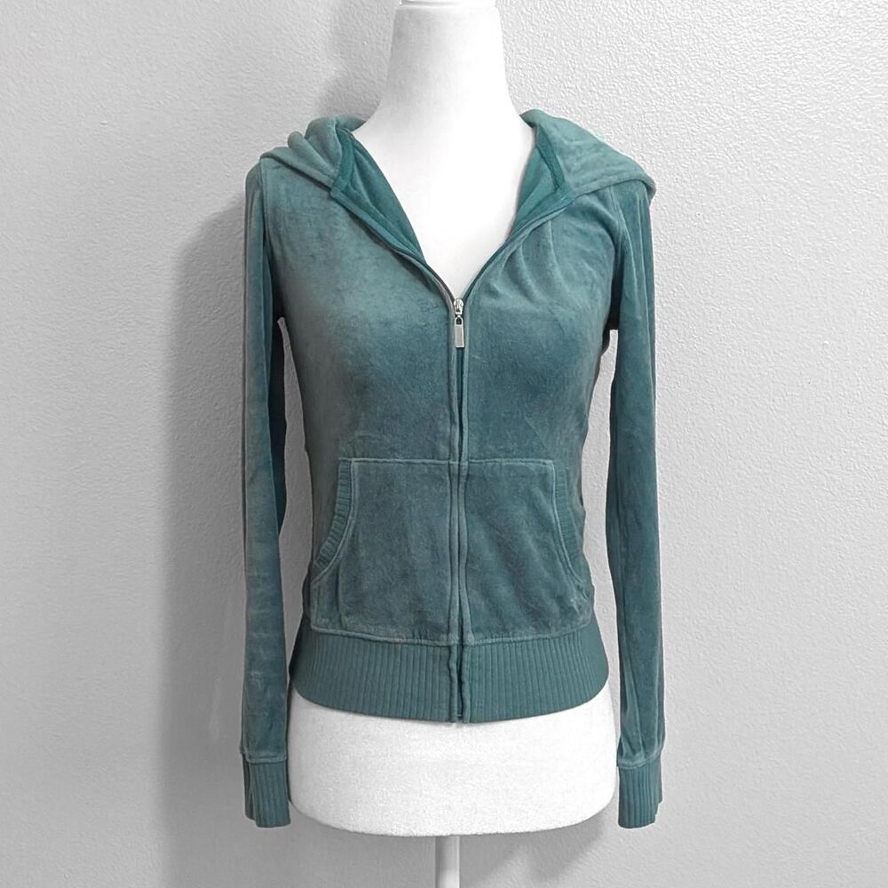2000s Plush & Lush Y2K Teal Velour Zip-Up Hoodie Loungewear McBling | Size S